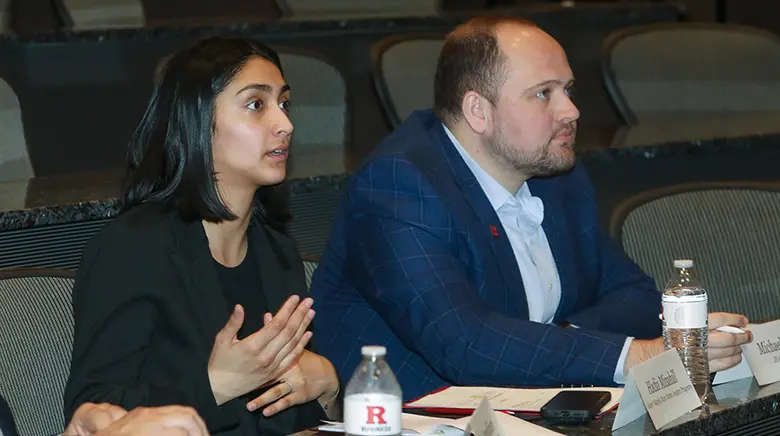 Rutgers Business School alumni were among the judges of the NJC4 event. Photo shows Hadia Minahill and Michael Pavlo.