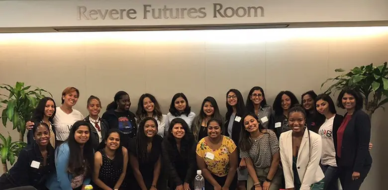 Mari-Elle Sudarkasa poses with members of Women BUILD and Rutgers Business School Assistant Dean Sangeeta Rao, far right.