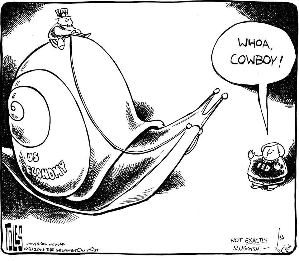 Politcal cartoon showing Uncle Sam riding a snail depicting the US Economy and the Fed personfied telling it, "Whoa Cownboy!"