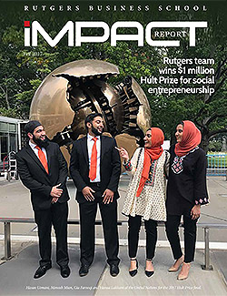 Cover of the 2017 issue featuring winners, Hasan Usmani, Moneeb Mian, Gia Farooqi, and Hanaa Lakhani at the United Nations for the 2017 Hult Prize final