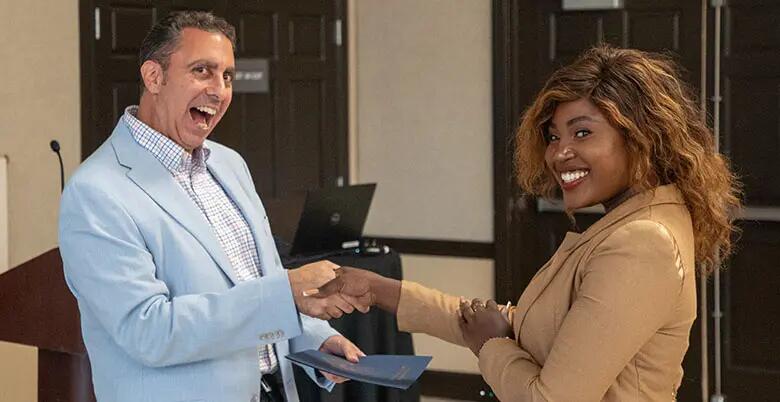 Mandela Washington Fellow Amara Chineme from Kenya with Greg Costalas of Rutgers Global.