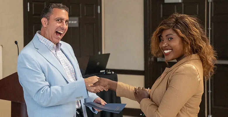 Mandela Washington Fellow Amara Chineme from Kenya with Greg Costalas of Rutgers Global.