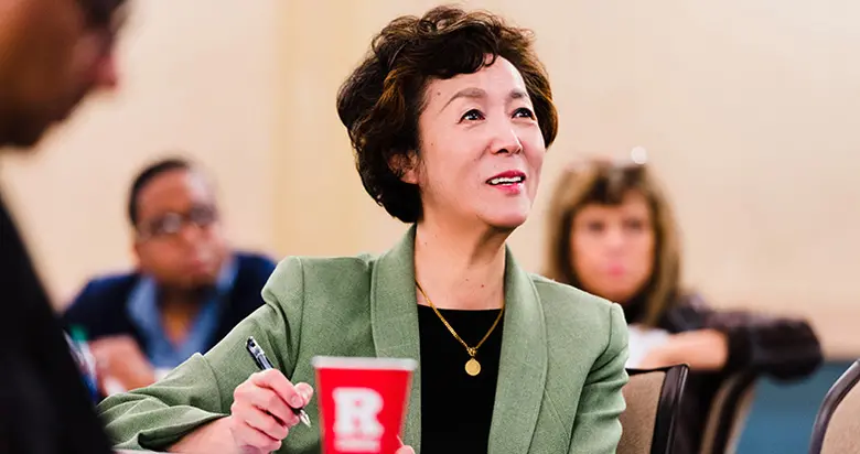 Rutgers Business School Dean Lei Lei at the Innovations in Undergraduate Business Education Conference.