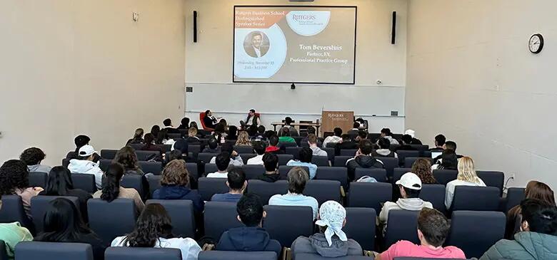Alumnus Tom Beversluis speaking to students during a recent visit that was part of the RBS Distinguished Speakers Series.