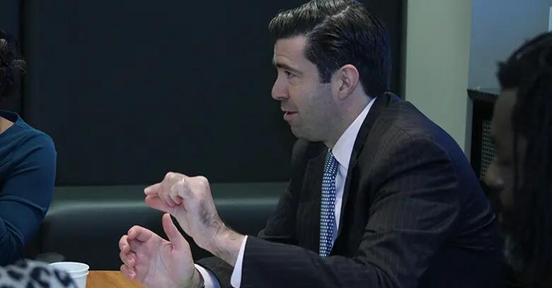 New Jersey Economic Development Authority Chief Executive Officer Tim Sullivan speaking at Rutgers Business School.