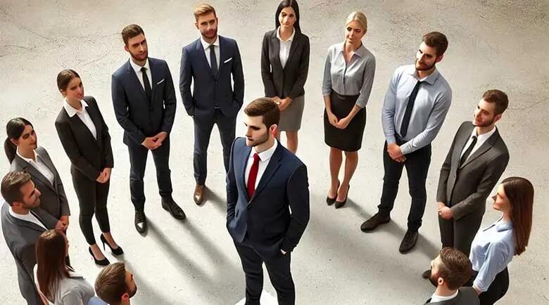 AI-generated graphic shows humble-looking executive addressing employees.