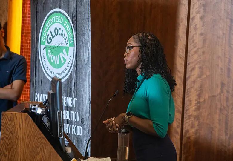 Shante Palmer, vice chancellor of Rutgers University-Newark, welcomes the audience and delivers the conference's opening remarks. 