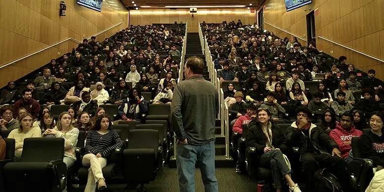 Professor Ron Richter addresses the high school students who visited campus as part of their participation in the RUBY program.