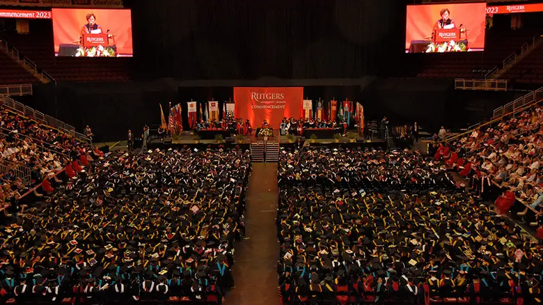 An aerial view of the Rutgers University-Newark campus-wide commencement at the Prudential Center.