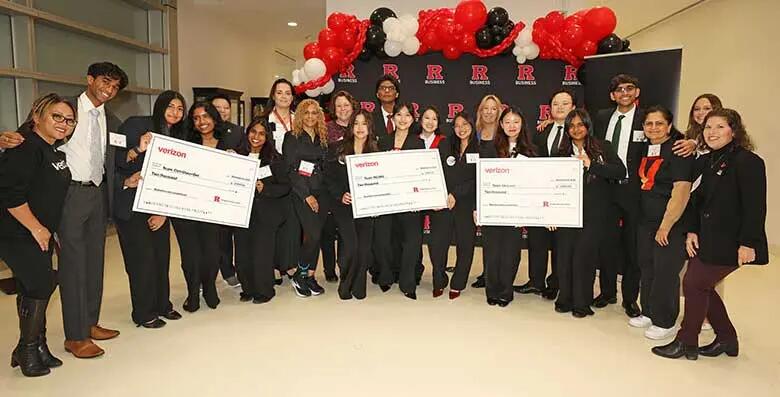 Students from the three winning teams pose with Rutgers Business School and Verizon employees who played a role in the Verizon x RBS Go-to-Market Competition.