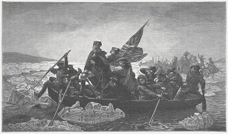 Washington crossing the Delaware River wood engraving.