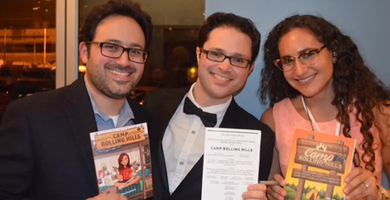 David Spiegel with his composer brother Adam and author Stacy Davidowitz on the opening night performance of the musical Camp Rolling Hills in New York.