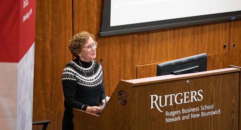 Rutgers University-Newark Chancellor Nancy Cantor making remarks to the audience at the Business and Community Engagement Symposium.