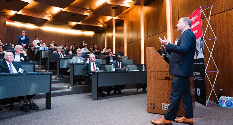 Ed Adamcik, vice president of Express Scripts, spoke about industry trends during the healthcare symposium at Rutgers Business School.