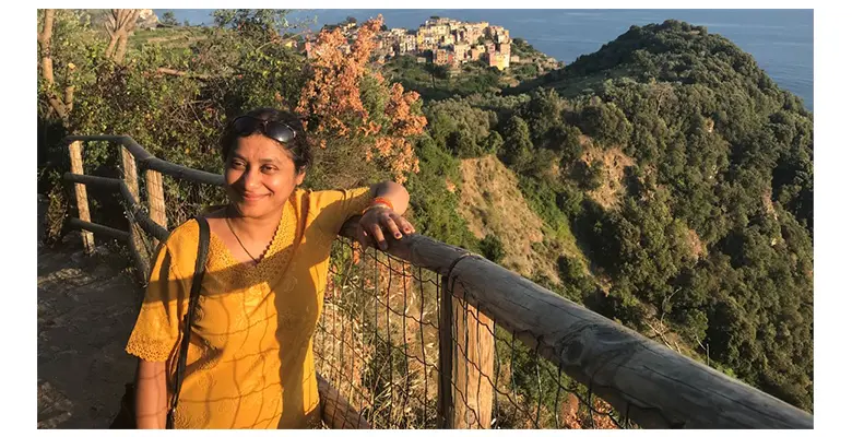 Madhavi Chakrabarty hiking the Cinque Terre, Italy. Summer of 2019.