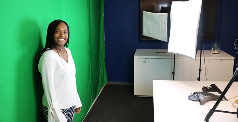 Camper Sierra Edmonds, Montgomery High School, prepared to record her elevator pitch.