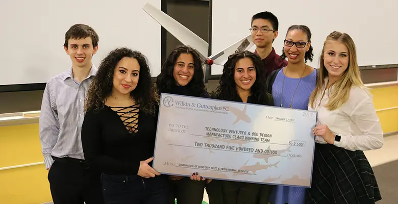 (From Left) Matthew Horbacz, Chelsea Olivares, Johanna Jaramillo, Sandra Jaramillo, Everett Tsang, Tashea Ellis, and Erin Pasko awarded $2,500 from Wilkin & Guttenplan P.C.