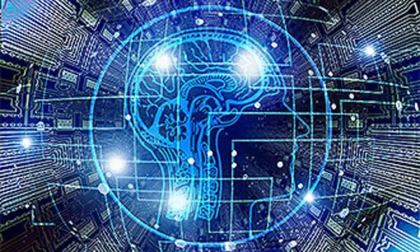 Artifical Intelligence depicted by x-ray of human brain overlayed on data lines