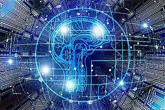 Artifical Intelligence depicted by x-ray of human brain overlayed on data lines
