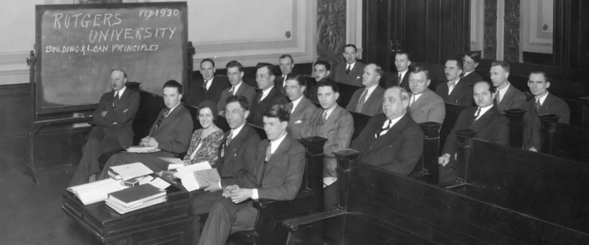 Rutgers students learn about buildings and loans in 1930.