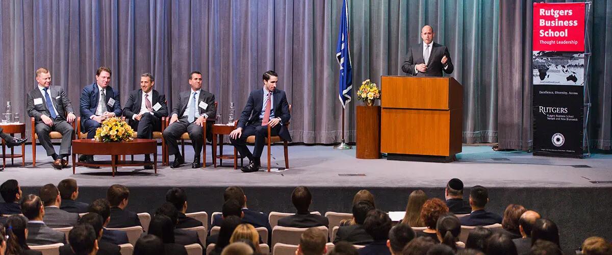 Goldman Sachs CFO and Rutgers alum Harvey Schwartz, '87, speaks at Rutgers event. 