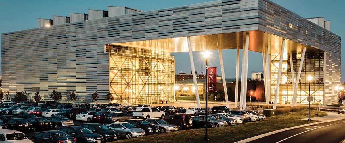 Rutgers Business School- New Brunswick at night.