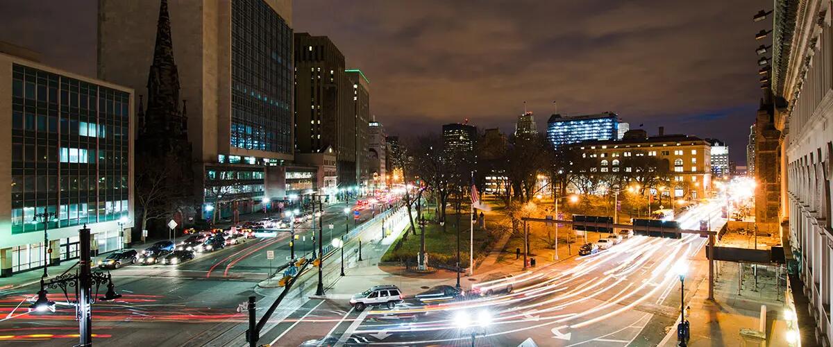 Nightime view of Washington street from the Rutgers Business School