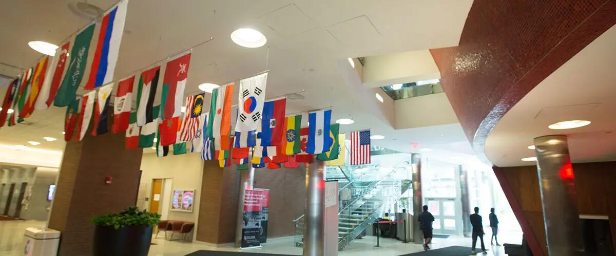 International flags at Rutgers Business School, Newark. 