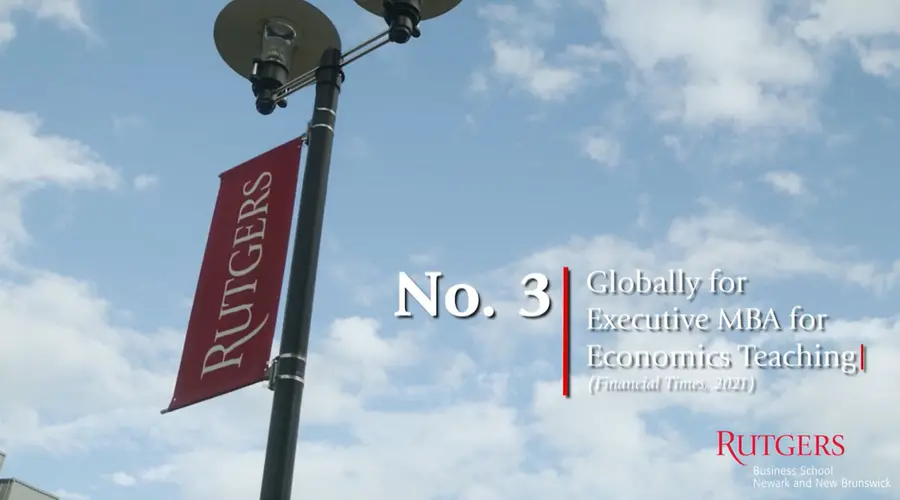 image of rutgers flag with emba ranking on screen